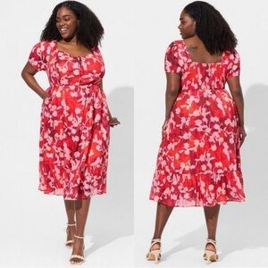 Torrid Red Orange Floral Smocked Sweetheart Spring Midi Dress Womens 1X